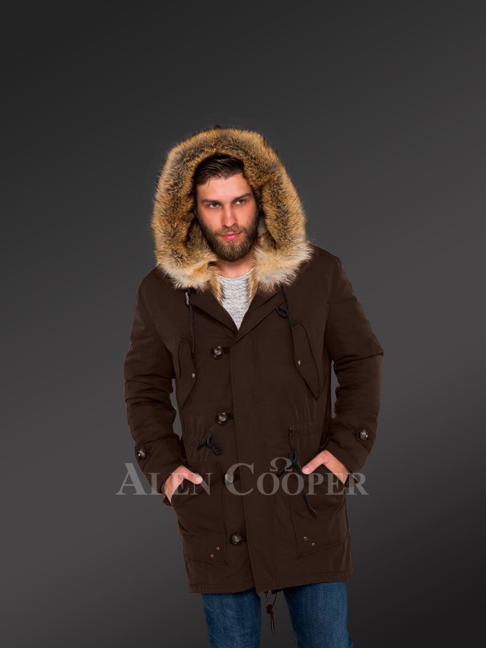 Golden Island Fox Fur Hybrid Coffee Parkas for Manly Style and Elegance with Rabbit Liner - Image 3