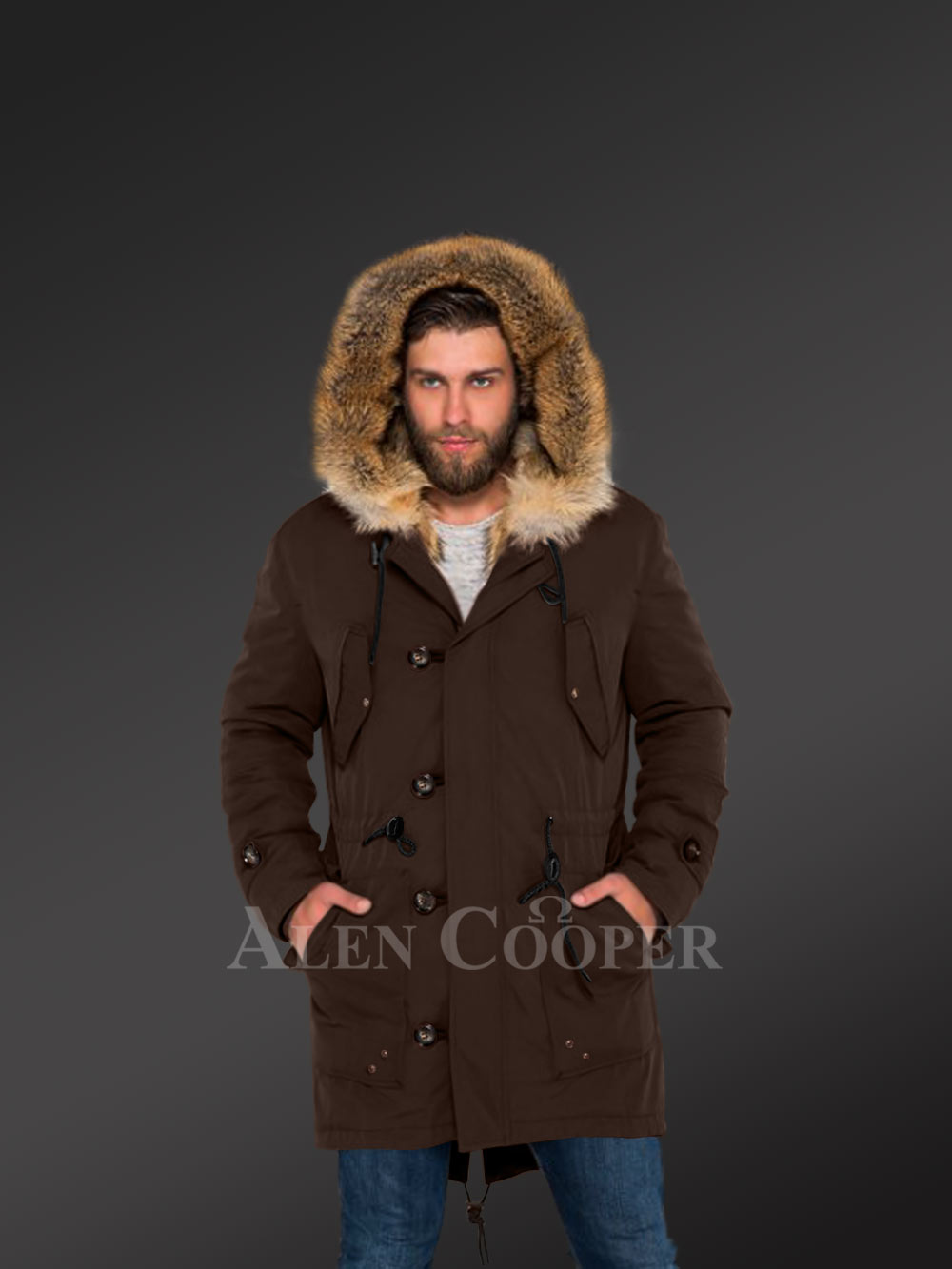 Golden Island Fox Fur Hybrid Coffee Parkas for Manly Style and Elegance with Rabbit Liner - Image 2