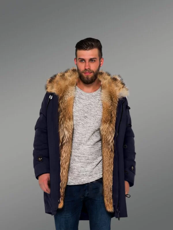 Masculine and Stylish Golden Island Fox Fur Hybrid Navy Parkas for Men with Rabbit Liner