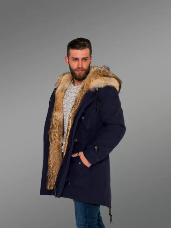 Masculine and Stylish Golden Island Fox Fur Hybrid Navy Parkas for Men with Rabbit Liner - Image 5