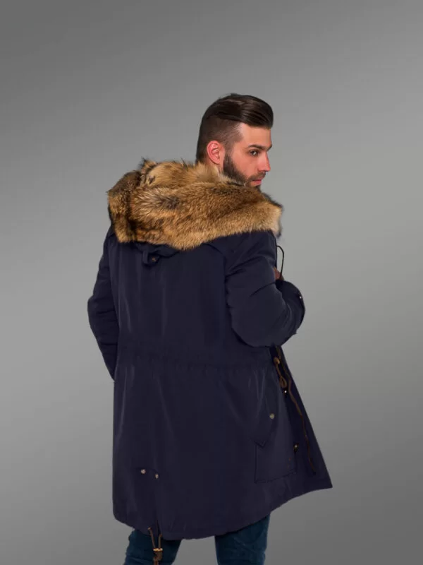 Masculine and Stylish Golden Island Fox Fur Hybrid Navy Parkas for Men with Rabbit Liner - Image 4