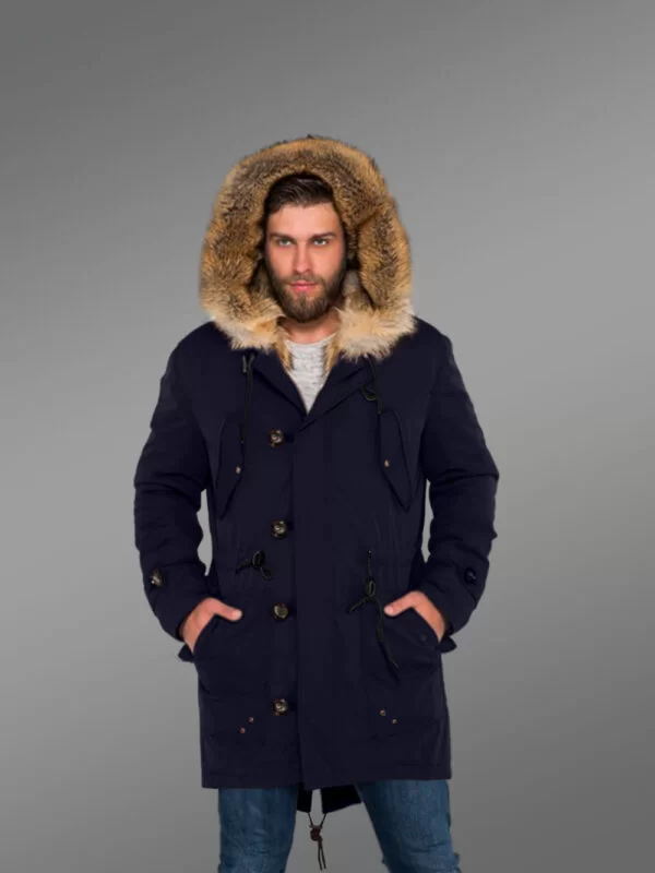 Masculine and Stylish Golden Island Fox Fur Hybrid Navy Parkas for Men with Rabbit Liner - Image 3