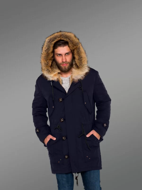 Masculine and Stylish Golden Island Fox Fur Hybrid Navy Parkas for Men with Rabbit Liner - Image 2