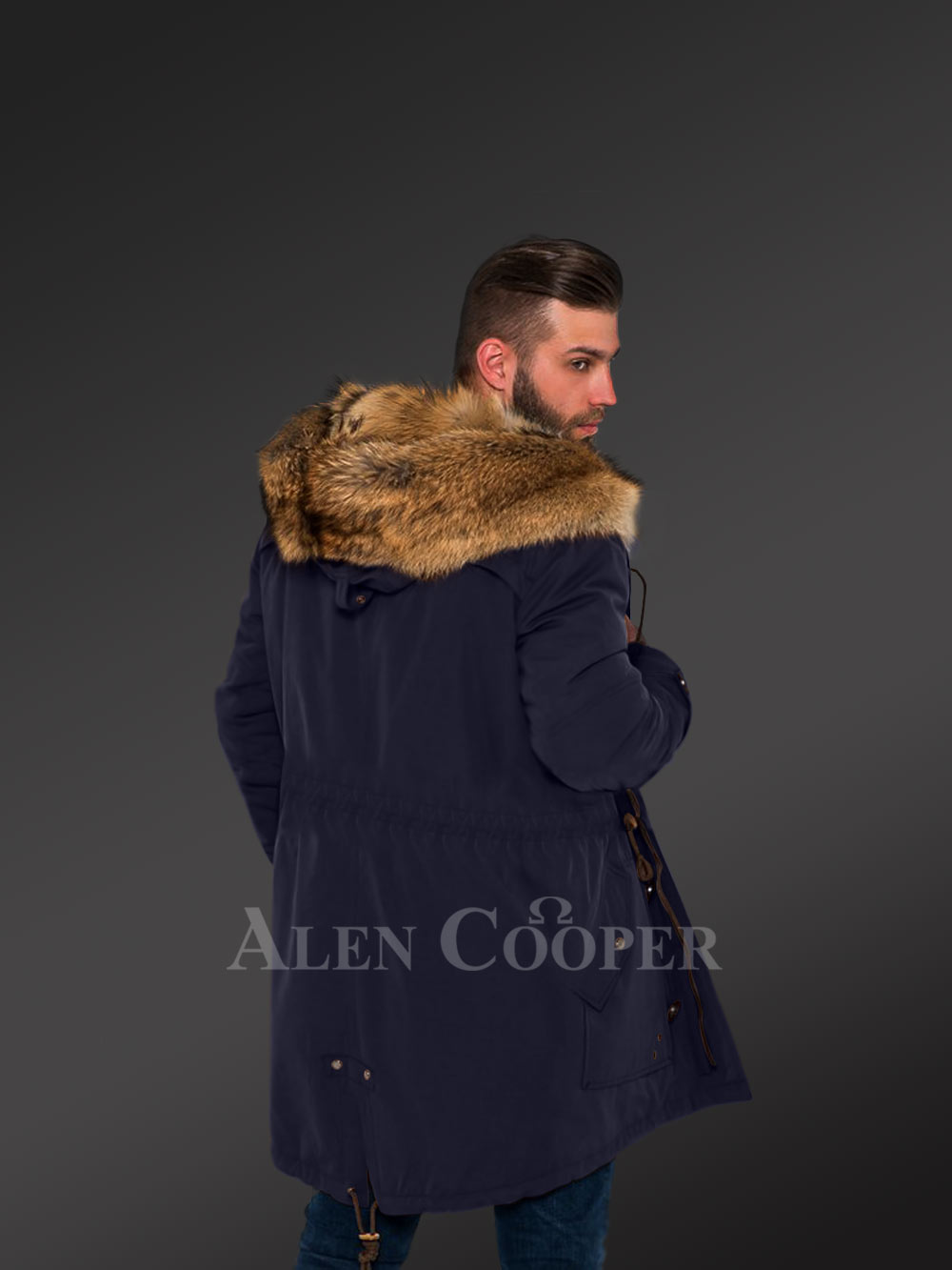 Masculine and Stylish Golden Island Fox Fur Hybrid Navy Parkas for Men with Rabbit Liner - Image 5
