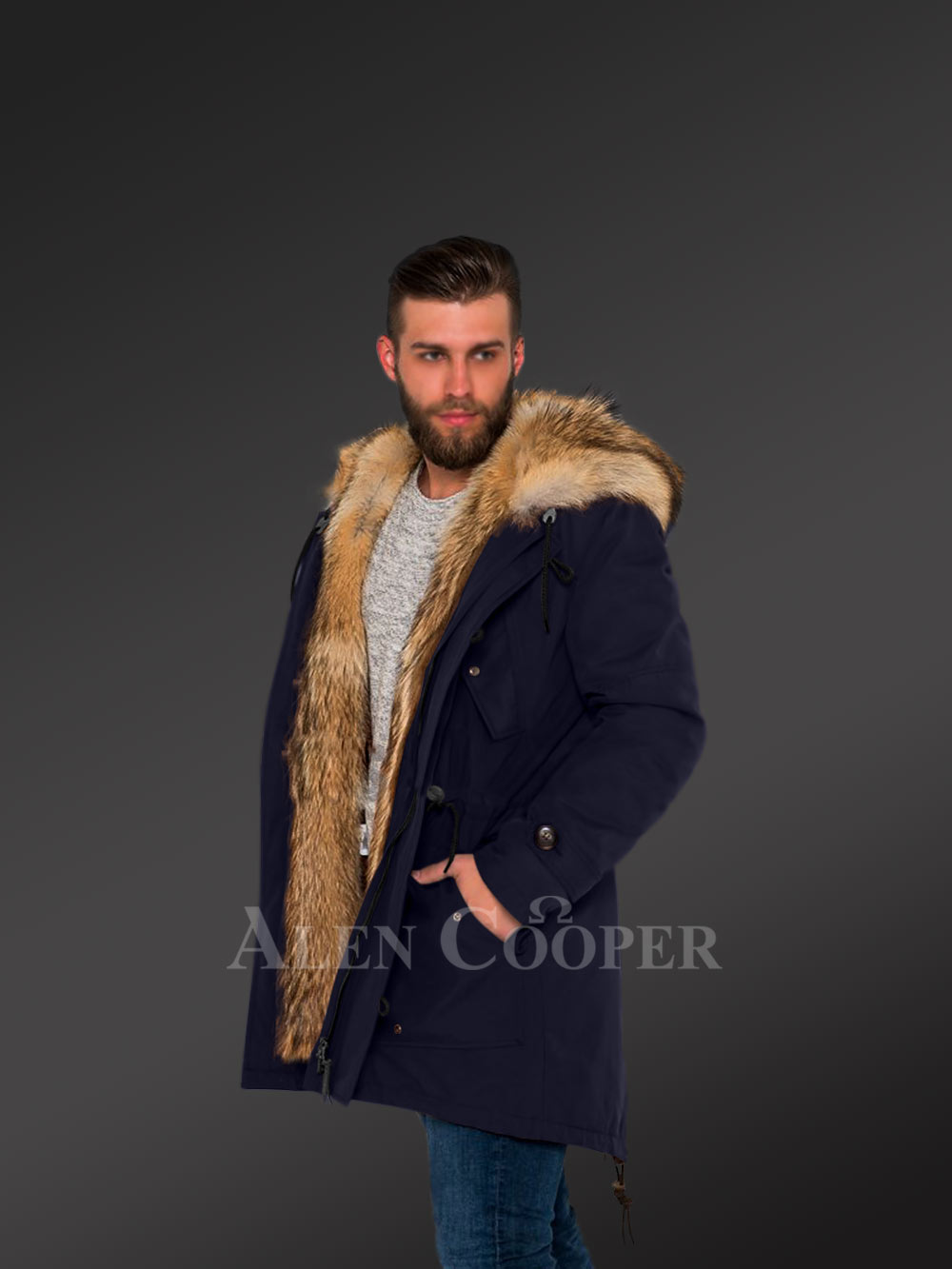 Masculine and Stylish Golden Island Fox Fur Hybrid Navy Parkas for Men with Rabbit Liner - Image 4
