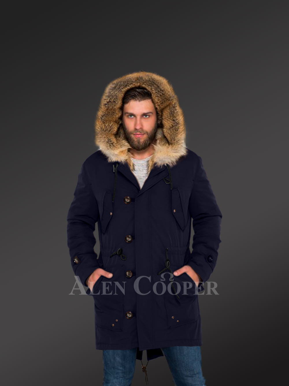 Masculine and Stylish Golden Island Fox Fur Hybrid Navy Parkas for Men with Rabbit Liner - Image 3