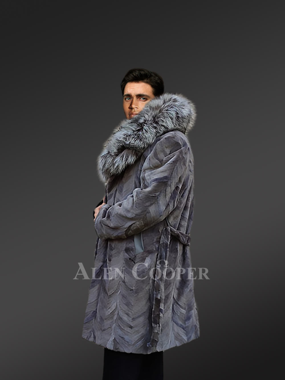Mink Fur Long Coat with Silver Fox Collar and Back Vent - Image 4