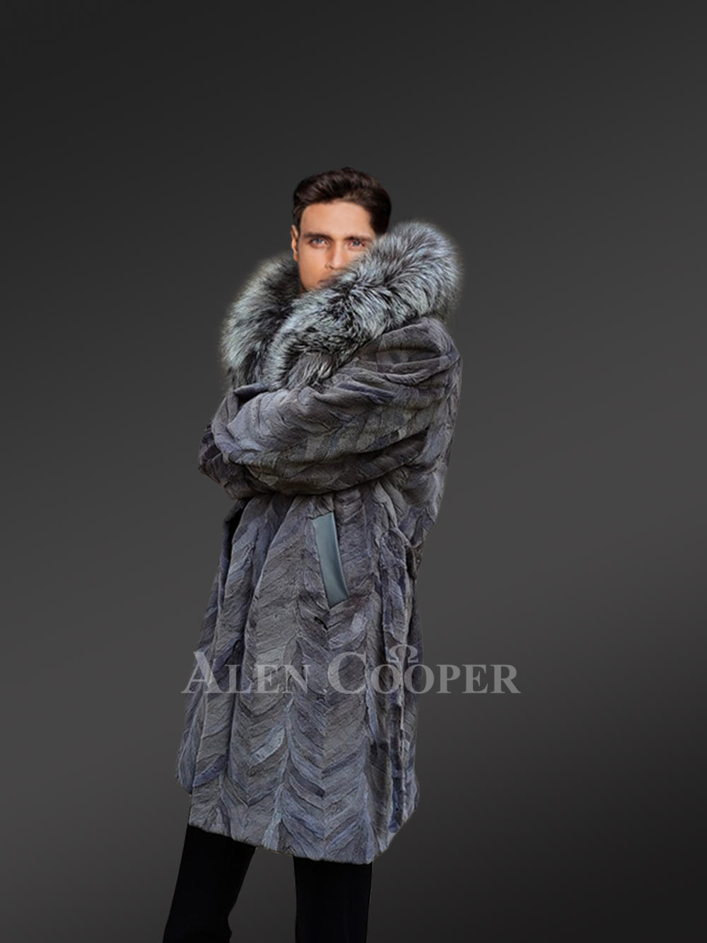 Mink Fur Long Coat with Silver Fox Collar and Back Vent - Image 3