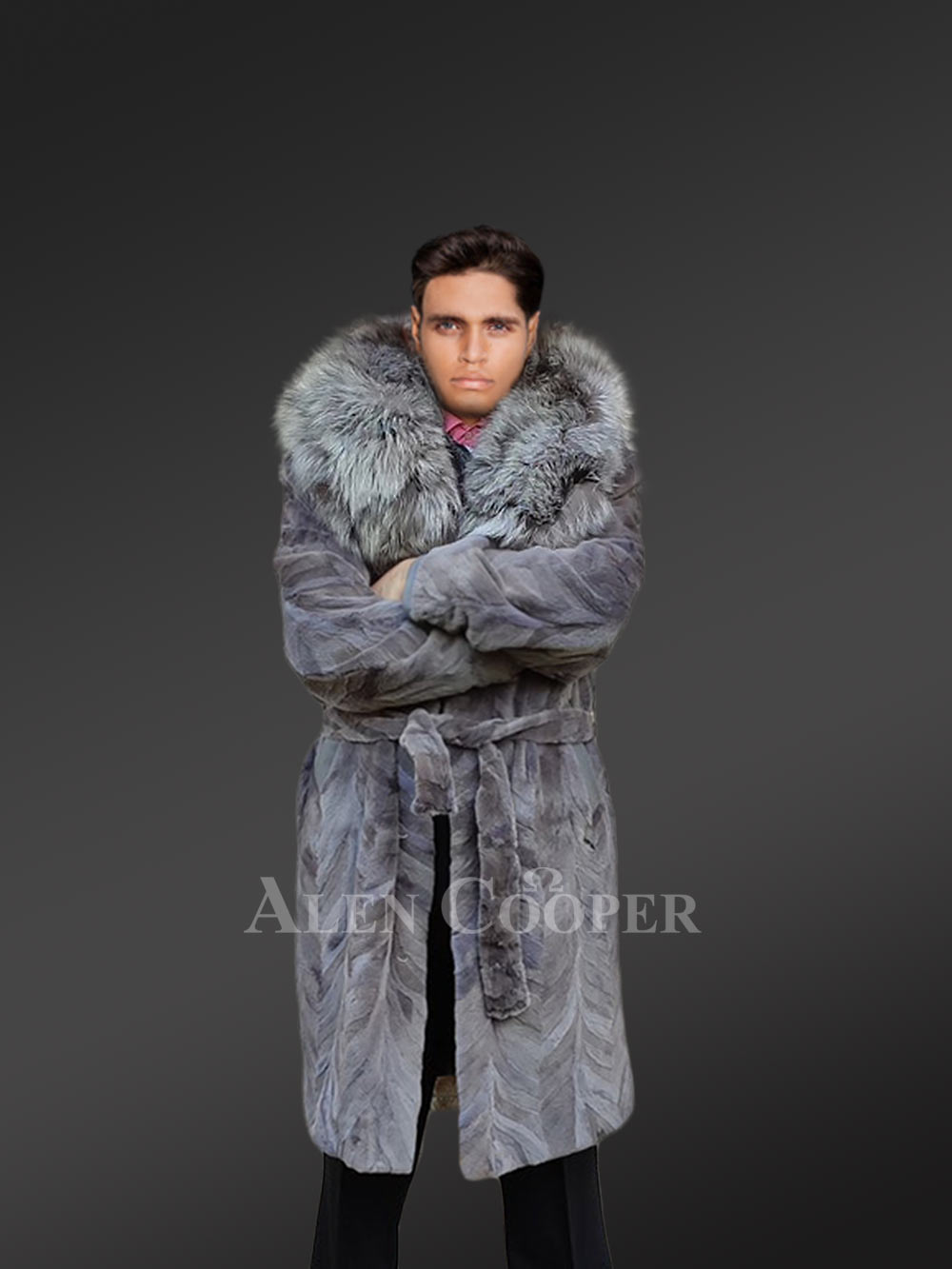 Mink Fur Long Coat with Silver Fox Collar and Back Vent - Image 2