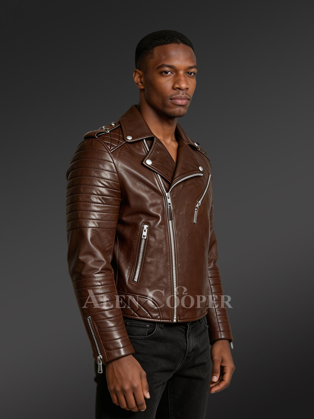 Italian-Finish Leather Biker Jackets For Stylish And Trendy Men In Coffee Color - Image 2