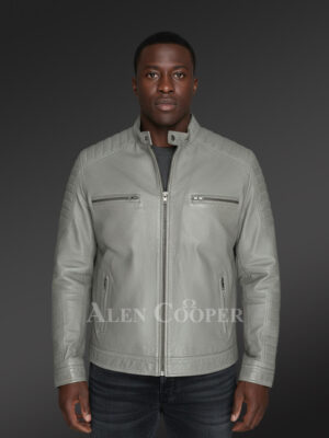 Leather Biker Jacket with Band Collar