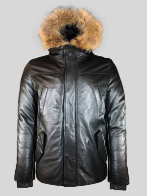 Men's Black Real Leather Parka with Raccoon Trim on Hood