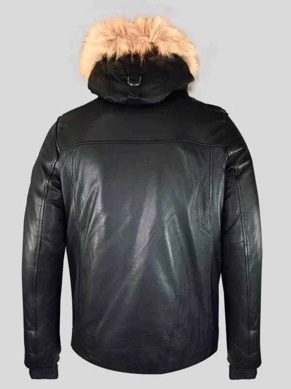 Men's Black Real Leather Parka with Raccoon Trim on Hood - Image 3