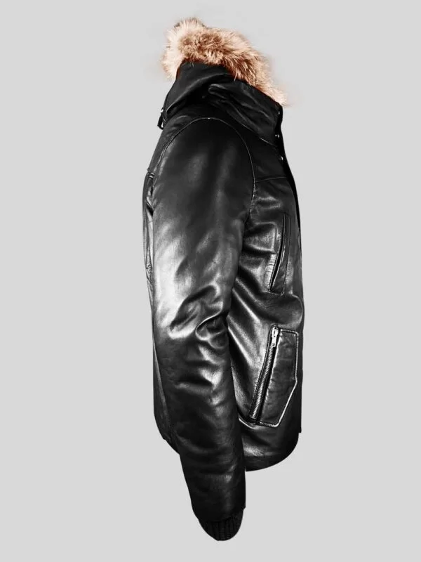 Men's Black Real Leather Parka with Raccoon Trim on Hood - Image 2