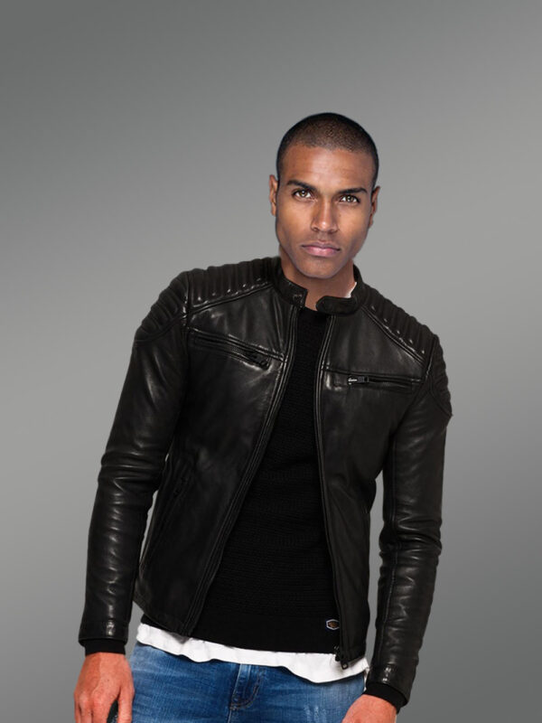 Men’s Classy Coal-Black Collarless Real Leather Sturdy Winter Jacket