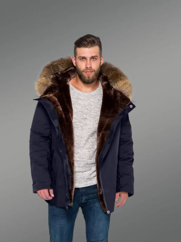 Men’s Fashion Trends Redefined with Finn Raccoon Fur Hybrid Navy Parka Convertibles with Rabbit Liner