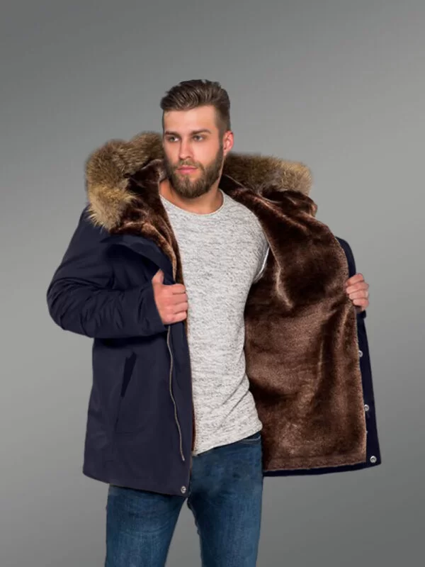 Men’s Fashion Trends Redefined with Finn Raccoon Fur Hybrid Navy Parka Convertibles with Rabbit Liner - Image 2