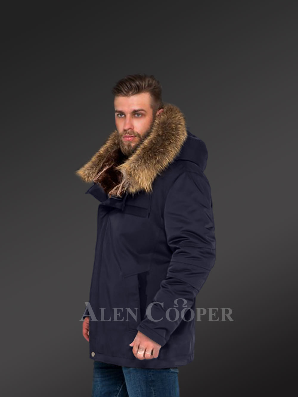 Men’s Fashion Trends Redefined with Finn Raccoon Fur Hybrid Navy Parka Convertibles with Rabbit Liner - Image 4