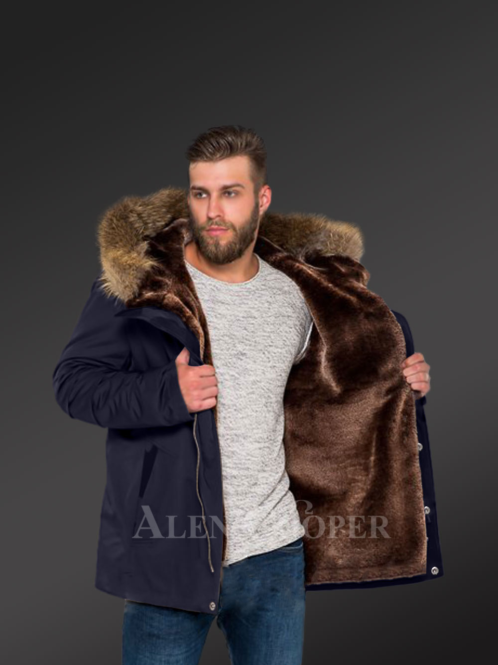 Men’s Fashion Trends Redefined with Finn Raccoon Fur Hybrid Navy Parka Convertibles with Rabbit Liner - Image 3