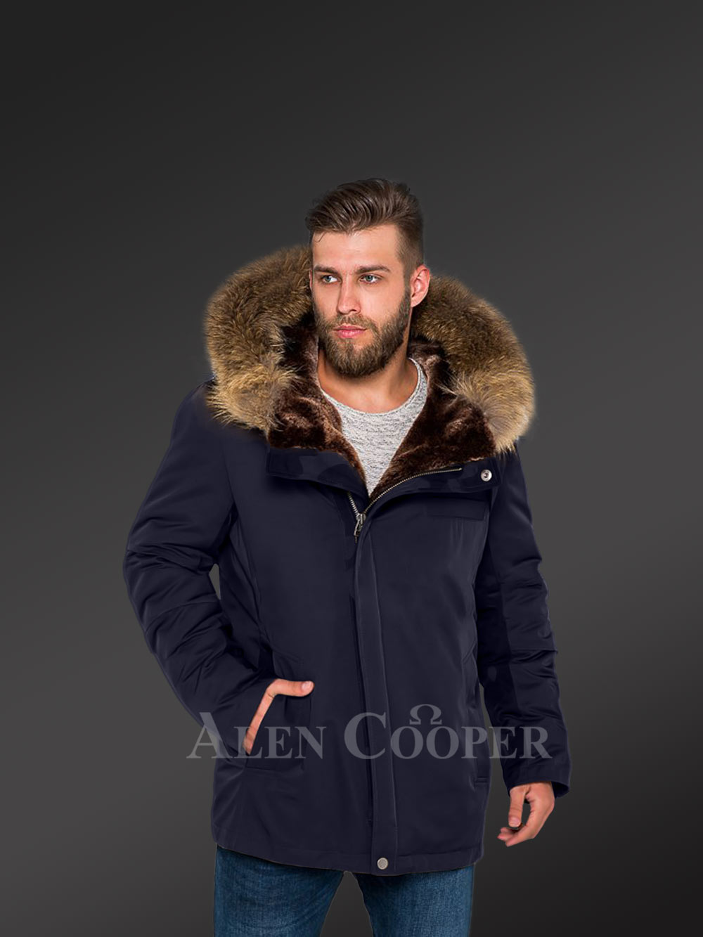Men’s Fashion Trends Redefined with Finn Raccoon Fur Hybrid Navy Parka Convertibles with Rabbit Liner - Image 2