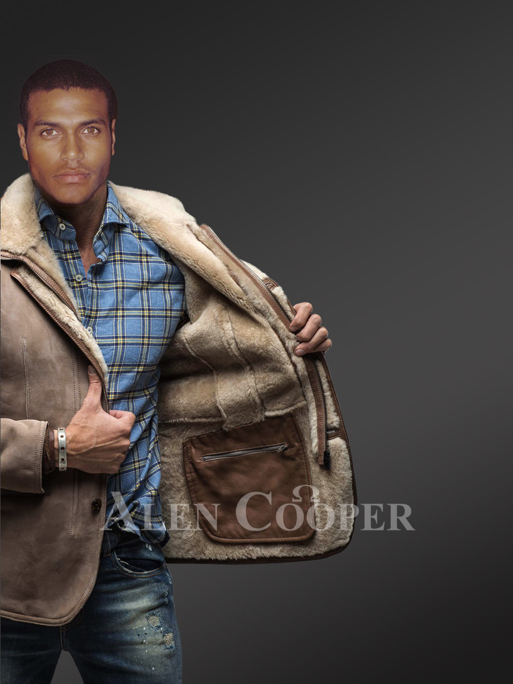 Men’s Sheepskin Shearling Blazer Jacket with Tonal Leather Trim - Image 4