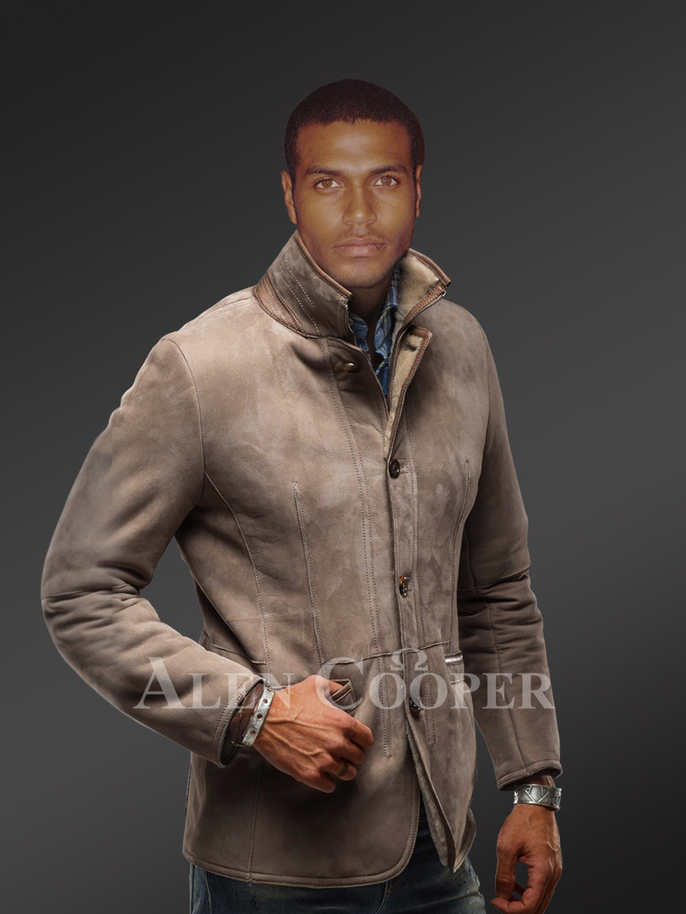 Men’s Sheepskin Shearling Blazer Jacket with Tonal Leather Trim - Image 3