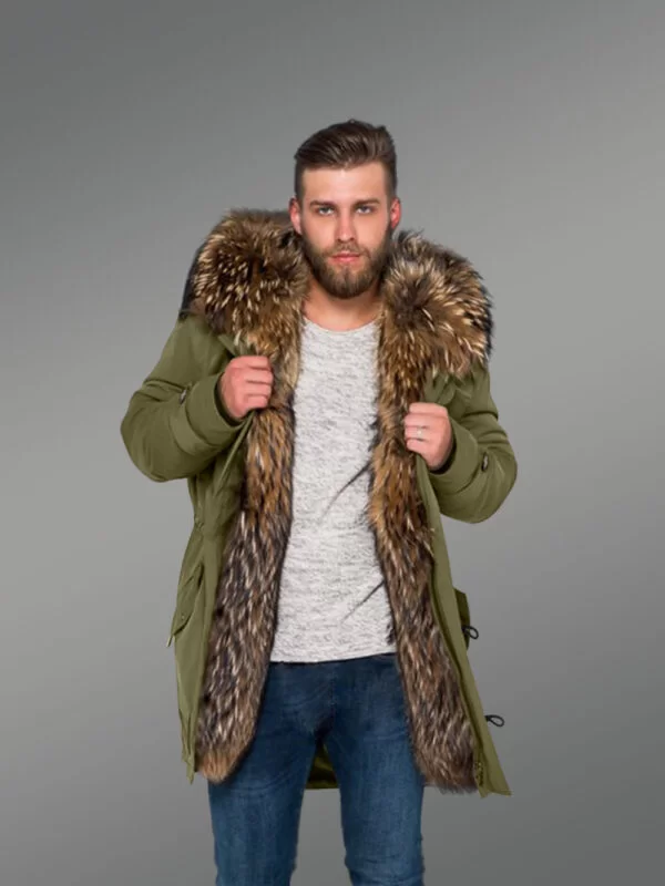 Men’s Hybrid Green Finn Raccoon Fur Parka Convertibles for Style and Elegance with Rabbit Liner - Image 2