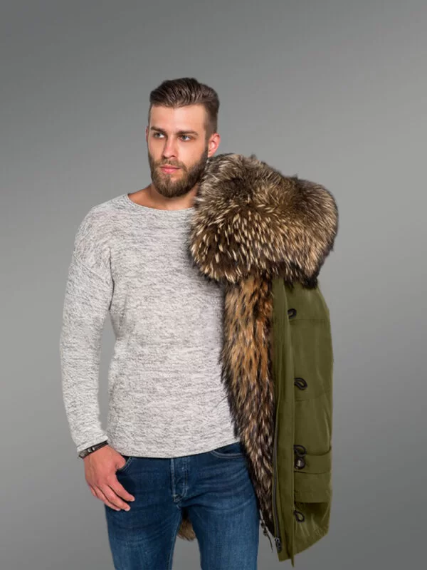 Men’s Hybrid Green Finn Raccoon Fur Parka Convertibles for Style and Elegance with Rabbit Liner