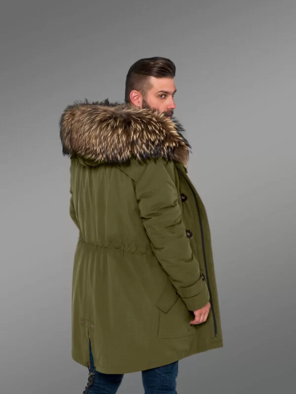 Men’s Hybrid Green Finn Raccoon Fur Parka Convertibles for Style and Elegance with Rabbit Liner - Image 3