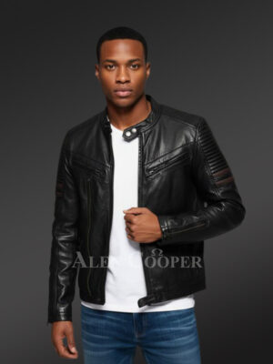 Men’s Motorcycle Band Collar Leather Jacket