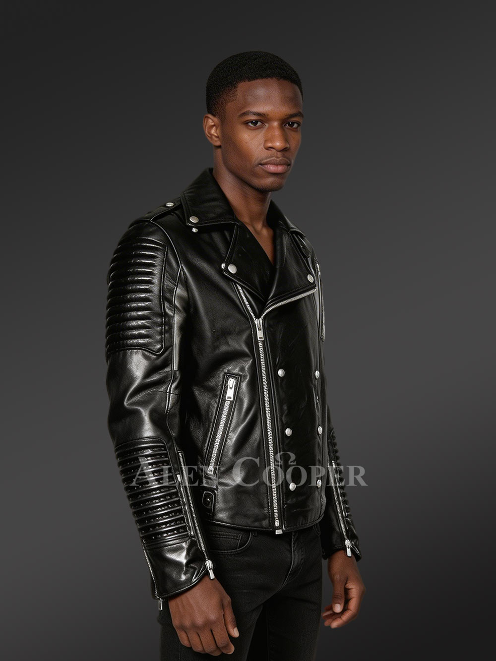 Men's Motorcycle Biker Jacket in Black - Image 3