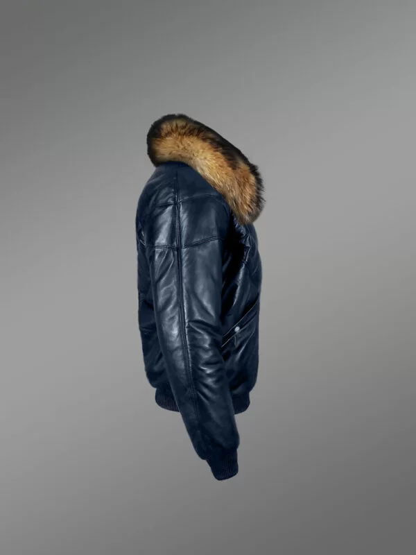 Men’s Navy Real Leather V Bomber Winter Jacket With Real Raccoon Fur Collar - Image 3