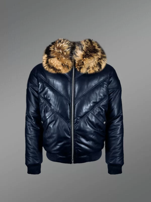 Men’s Navy Real Leather V Bomber Winter Jacket With Real Raccoon Fur Collar - Image 2