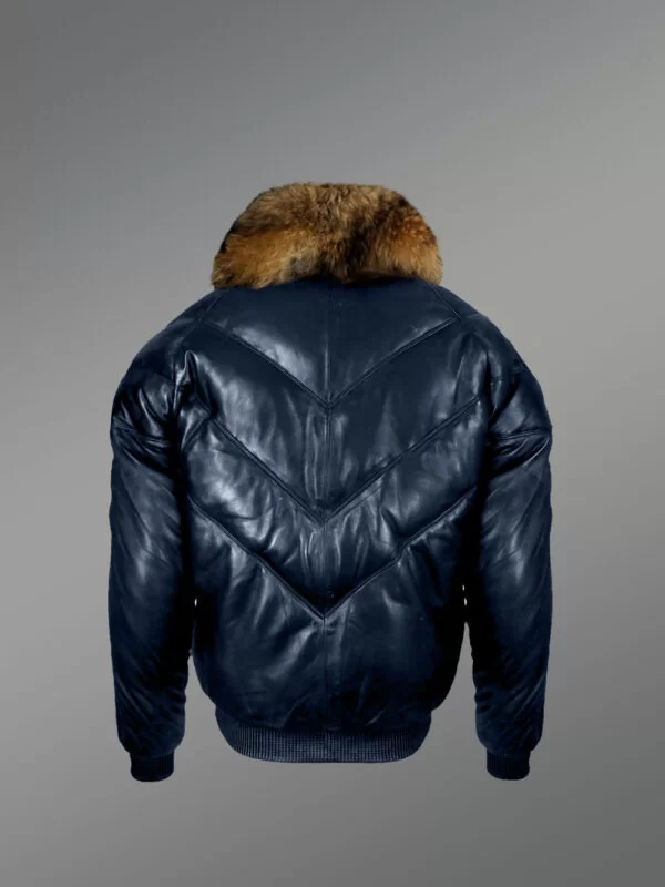 Men’s Navy Real Leather V Bomber Winter Jacket With Real Raccoon Fur Collar - Image 4