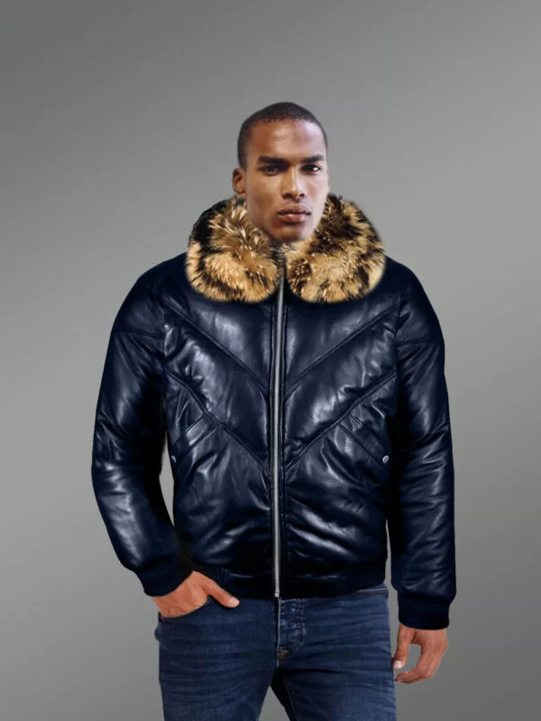 Men’s Navy Real Leather V Bomber Winter Jacket With Real Raccoon Fur Collar