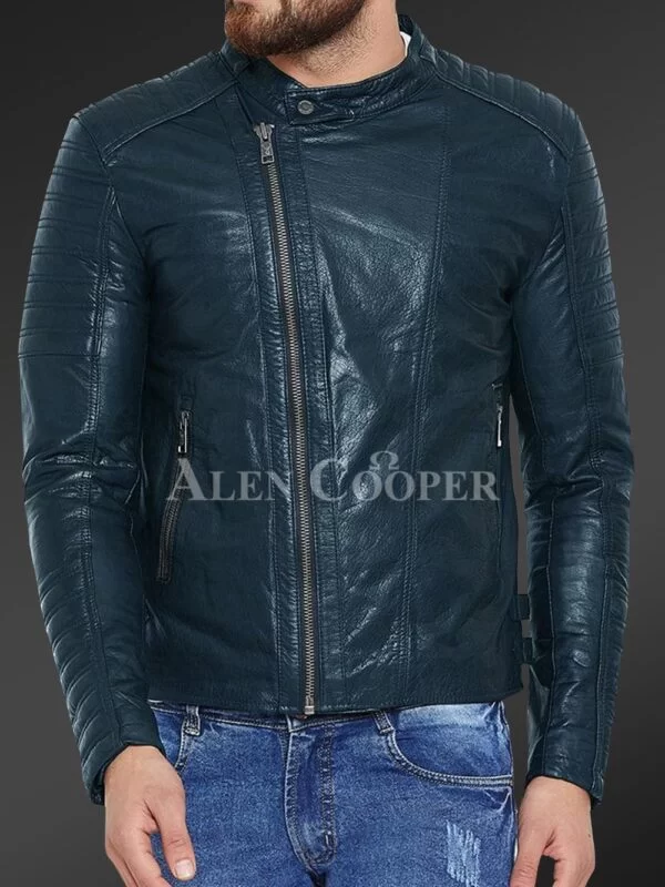 Pure Leather Jacket with Stylish Asymmetrical Zipper Closure and Quilted Sleeves - Image 3