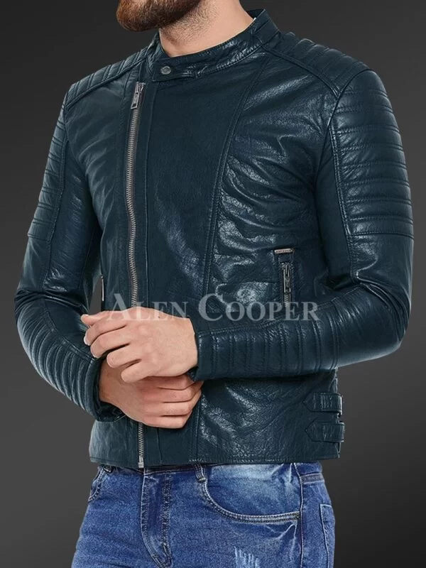 Pure Leather Jacket with Stylish Asymmetrical Zipper Closure and Quilted Sleeves - Image 8