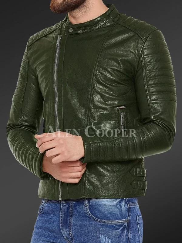 Pure Leather Jacket with Stylish Asymmetrical Zipper Closure and Quilted Sleeves - Image 6