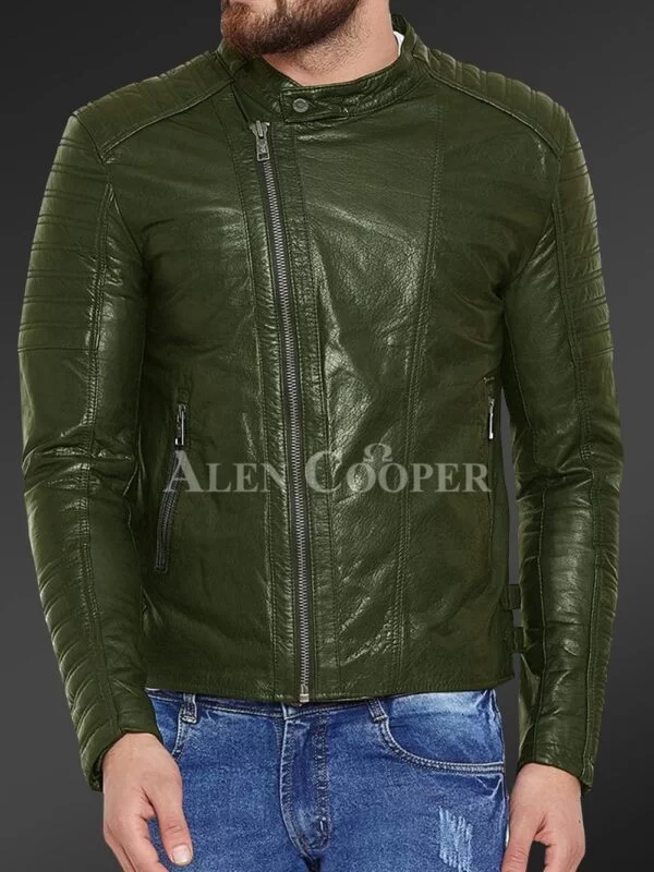 Pure Leather Jacket with Stylish Asymmetrical Zipper Closure and Quilted Sleeves - Image 4