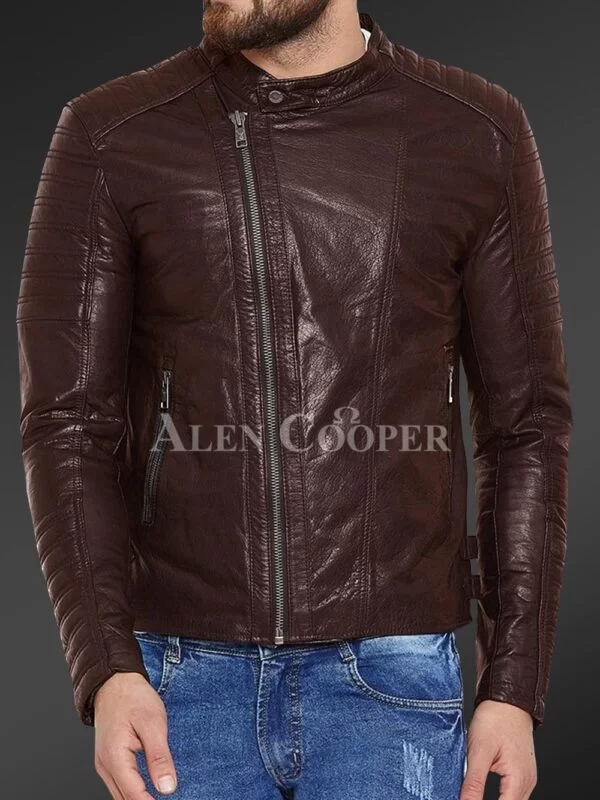 Pure Leather Jacket with Stylish Asymmetrical Zipper Closure and Quilted Sleeves - Image 2