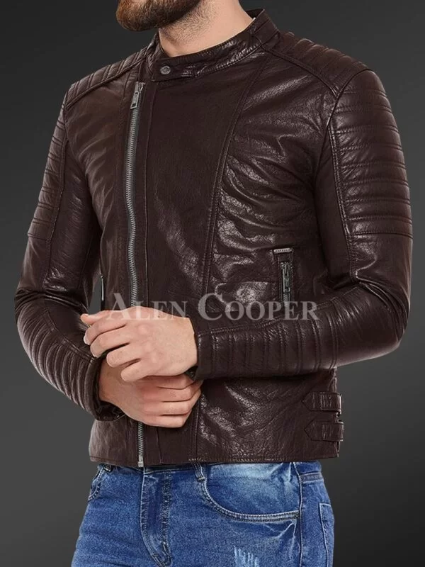 Pure Leather Jacket with Stylish Asymmetrical Zipper Closure and Quilted Sleeves - Image 7