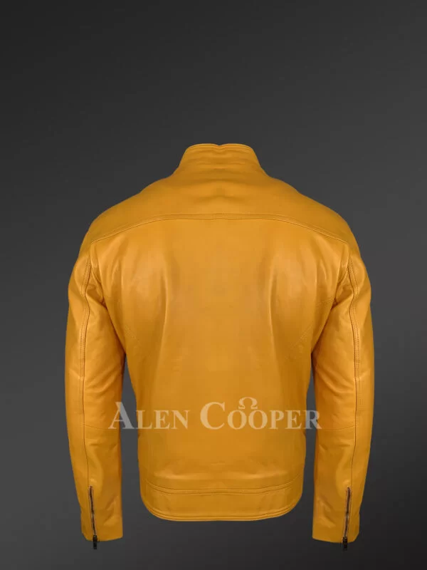 Men’s Real Leather Yellow Jacket with Mandarin Collar - Image 3