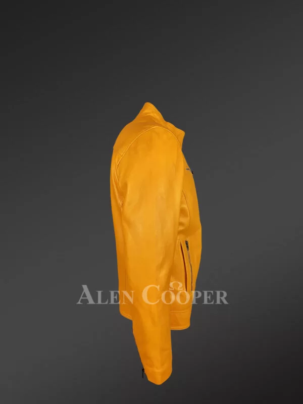 Men’s Real Leather Yellow Jacket with Mandarin Collar - Image 2