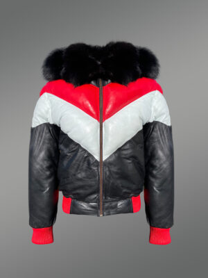 Men’s Stylish V Bomber Leather Jackets with Fur Collar and Zippered-Out Fur Hood