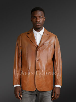 Mens Tan Leather Blazer with Notched Lapel – Versatile Outfit for Different Purposes