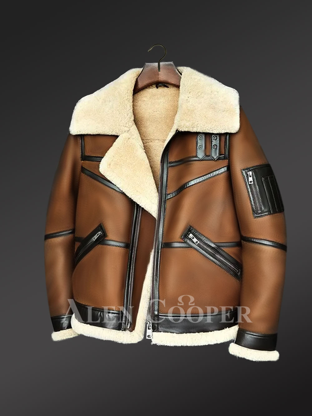 Men’s Tan Shearling Jacket with Collar Belt to Boost Your Appeal - Image 2