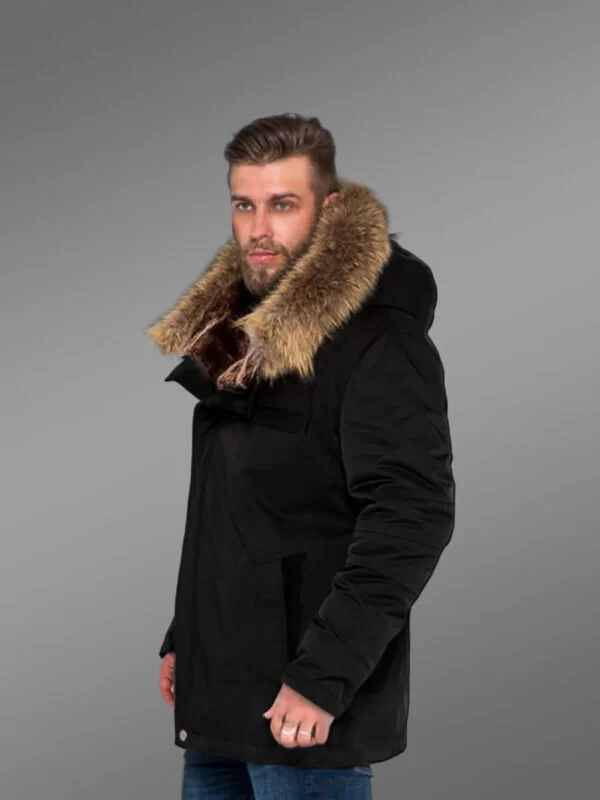 Blazing Fashion Trend with Men’s Hybrid Black Finn Raccoon Fur Parka Convertibles - Image 4