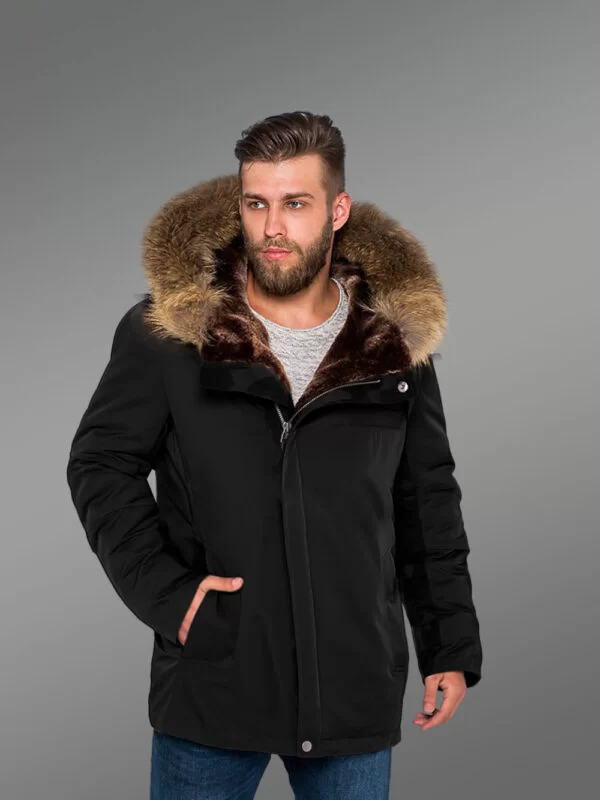 Blazing Fashion Trend with Men’s Hybrid Black Finn Raccoon Fur Parka Convertibles - Image 2