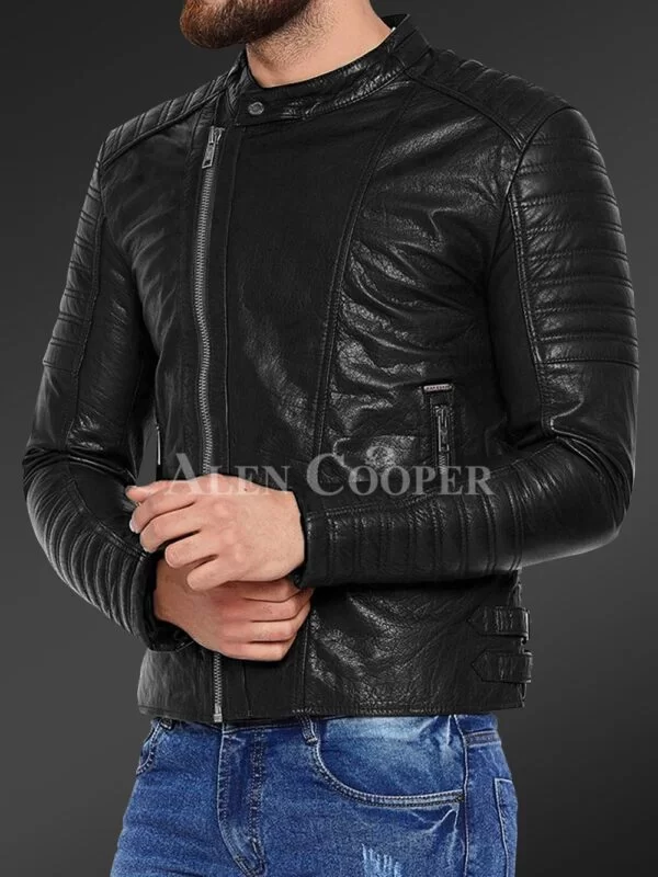 Pure Leather Jacket with Stylish Asymmetrical Zipper Closure and Quilted Sleeves - Image 5