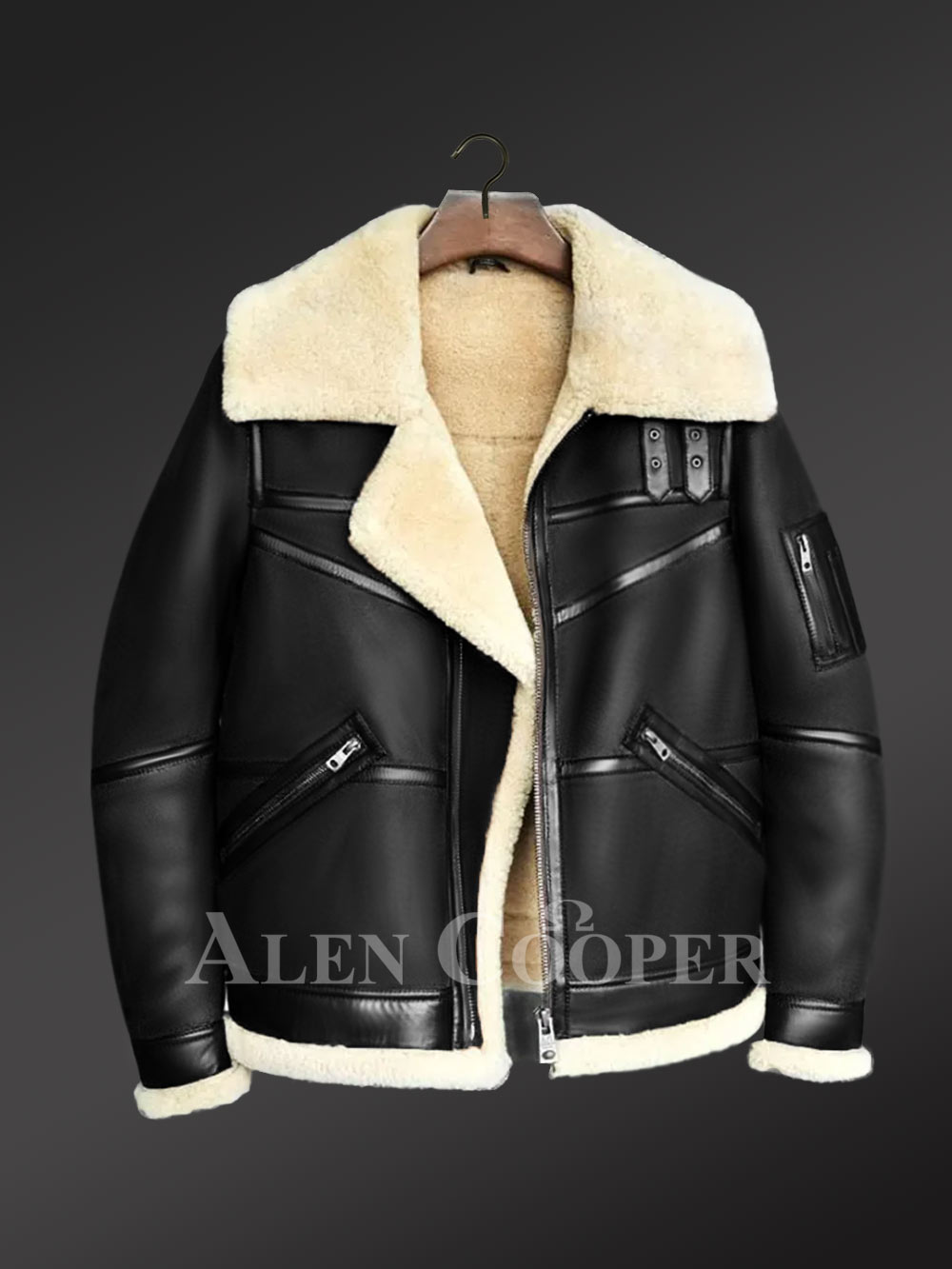 Moto Style Shearling Black Jacket With Double Collar Belts - Image 3
